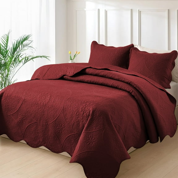 Moonlight20015 3 Piece Quilt Set Ultrasonic Lightweight Microfiber Floral Pattern Burgundy Queen