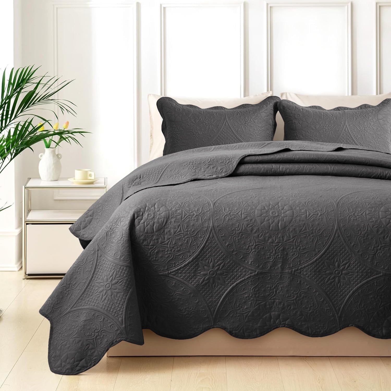 Moonlight20015 3 Piece Quilt Set Ultrasonic Lightweight Microfiber Floral Pattern Charcoal Twin