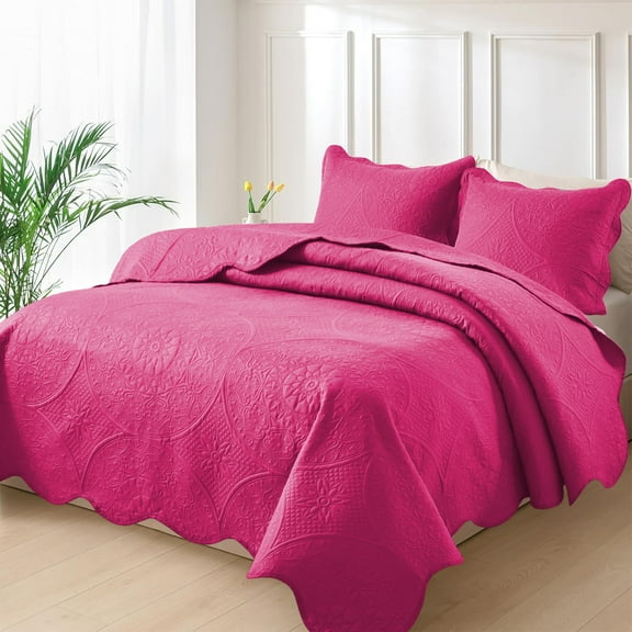 Moonlight20015 3-Piece Lightweight Microfiber Ultrasonic Floral Quilt Set, Pink, King