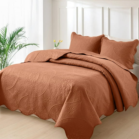 Moonlight20015 3-Piece Lightweight Microfiber Ultrasonic Floral Quilt Set, Rust, King