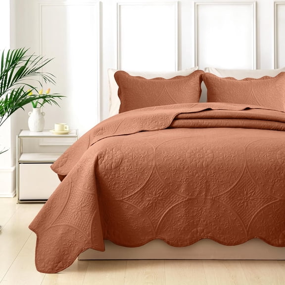 Moonlight20015 3 Piece Quilt Set Ultrasonic Lightweight Microfiber Floral Pattern Rust Twin