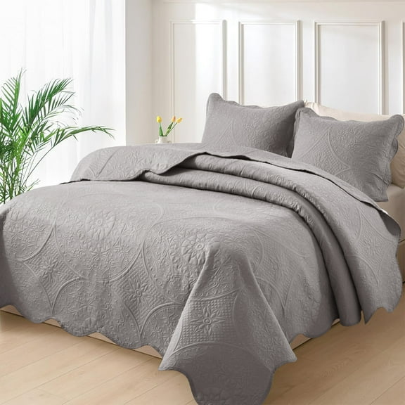 Moonlight20015 3-Piece Lightweight Microfiber Ultrasonic Floral Quilt Set, Silver, King