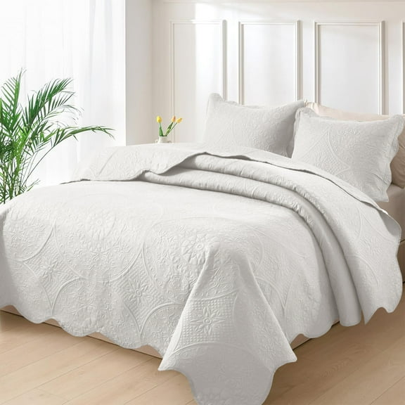 Moonlight20015 3 Piece Quilt Set Ultrasonic Lightweight Microfiber Floral Pattern White Queen