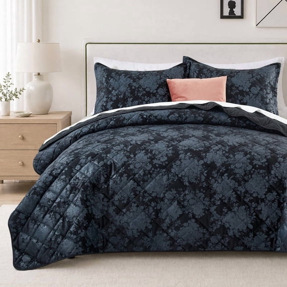 Moonlight20015 3-Piece Velvet Quilt Set King, Floral Diamond Lightweight Bedspread, Soft Reversible Bedding Set with Shams, Black