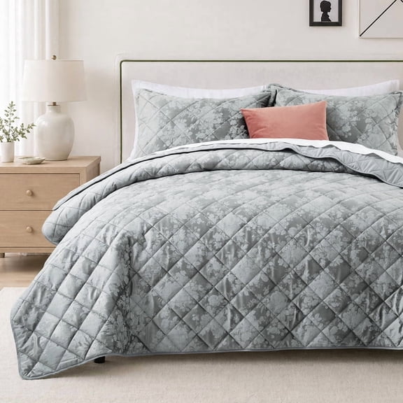 Moonlight20015 3-Piece Velvet Quilt Set King, Floral Diamond Lightweight Bedspread, Soft Reversible Bedding Set with Shams, Silver