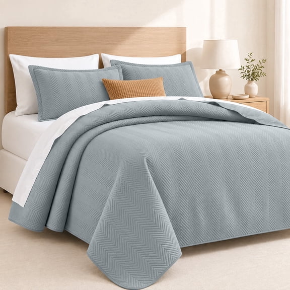 Moonlight20015 Linen Bedspread Set, 2-Piece Twin Size Chevron Ultrasonic Coverlet Lightweight Bedding Grey