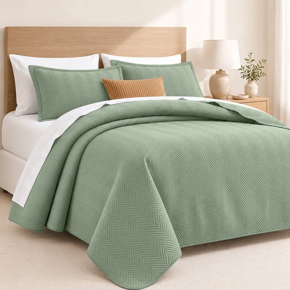 Moonlight20015 Linen Quilt Set, 2-Piece Twin Bedspread Chevron Ultrasonic Lightweight Coverlet Olive Green