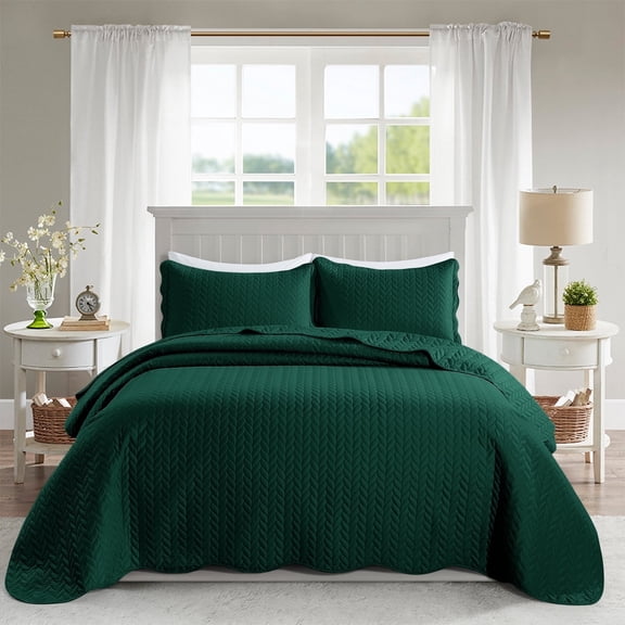 Moonlight20015 Queen Quilt Set Reversible Lightweight Bedspread with 2 Shams All-Season Comfort in Emerald Green