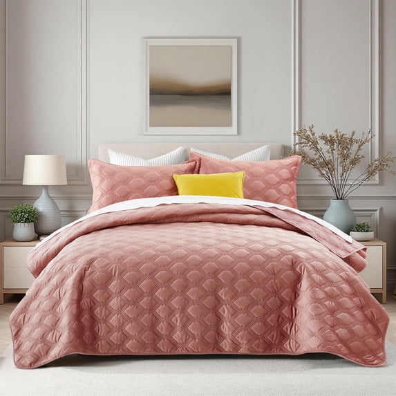 Moonlight20015 Velvet Bedspread Set Twin Size 2 Piece Comforter Embossed Geometric Pattern Quilt Soft 350GSM Lightweight Reversible Pink