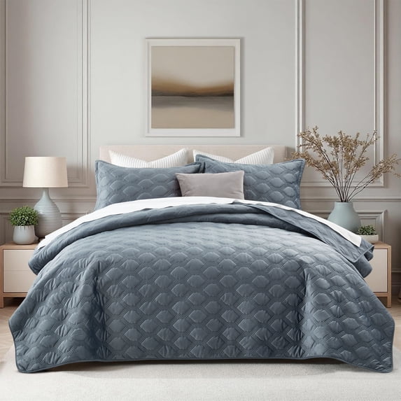 Moonlight20015 Velvet Quilt Set 3 Piece Geometric Pattern Embossed Bedspread Reversible 350GSM Soft Microfiber Comforter Bluish Grey Full/Queen