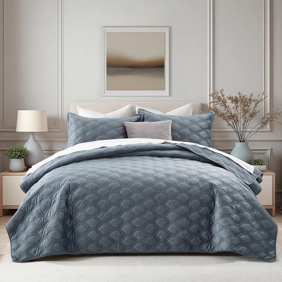 Moonlight20015 Velvet Quilt Set 3 Piece Geometric Pattern Embossed Bedspread Reversible 350GSM Soft Microfiber Comforter Bluish Grey Full/Queen