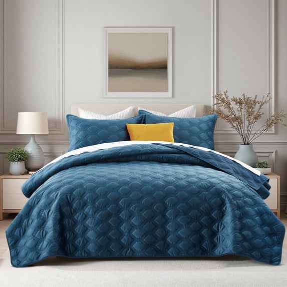 Moonlight20015 Velvet Quilt Set 3 Piece Geometric Pattern Embossed Bedspread Reversible 350GSM Soft Microfiber Comforter Navy Blue Full/Queen