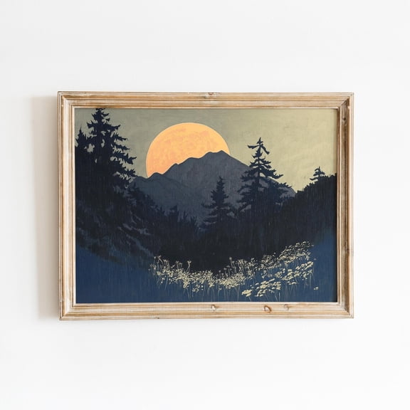 Moonlit Alpine Forest Night Landscape Wall Art Decor Unframed Paper Print