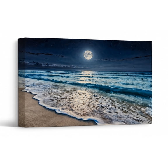 Moonlit Beach Canvas Wall Art, Coastal Nightscape Wall Decor, Ocean Moon Theme Print Painting Pictures, Home Artwork Decor for Living Room Bedroom 30"*20"