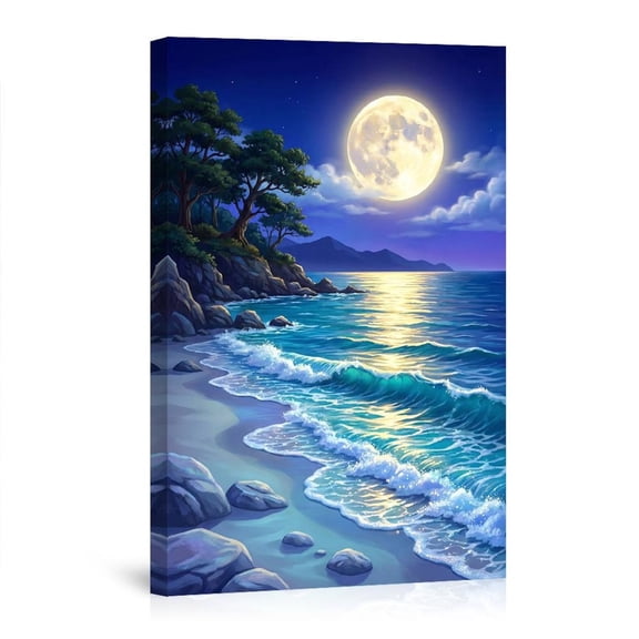 Moonlit Beach Coastal Night Scene Ocean Waves Art Canvas