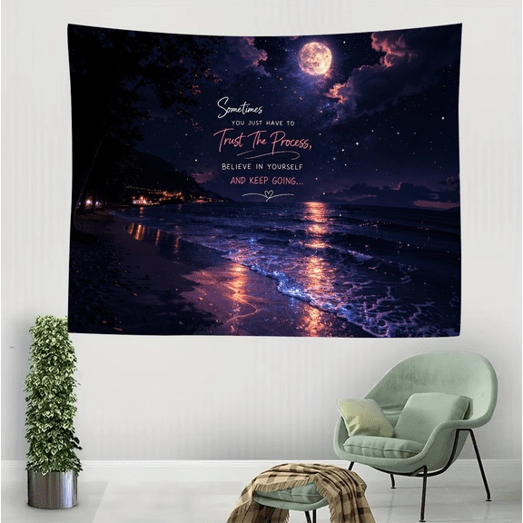 Moonlit Beach Inspirational Quote Tapestry - "Trust The Process" Wall Hanging with Starry Night Sky and Ocean Waves - Motivational Dorm Decor for Bedroom & Living Room