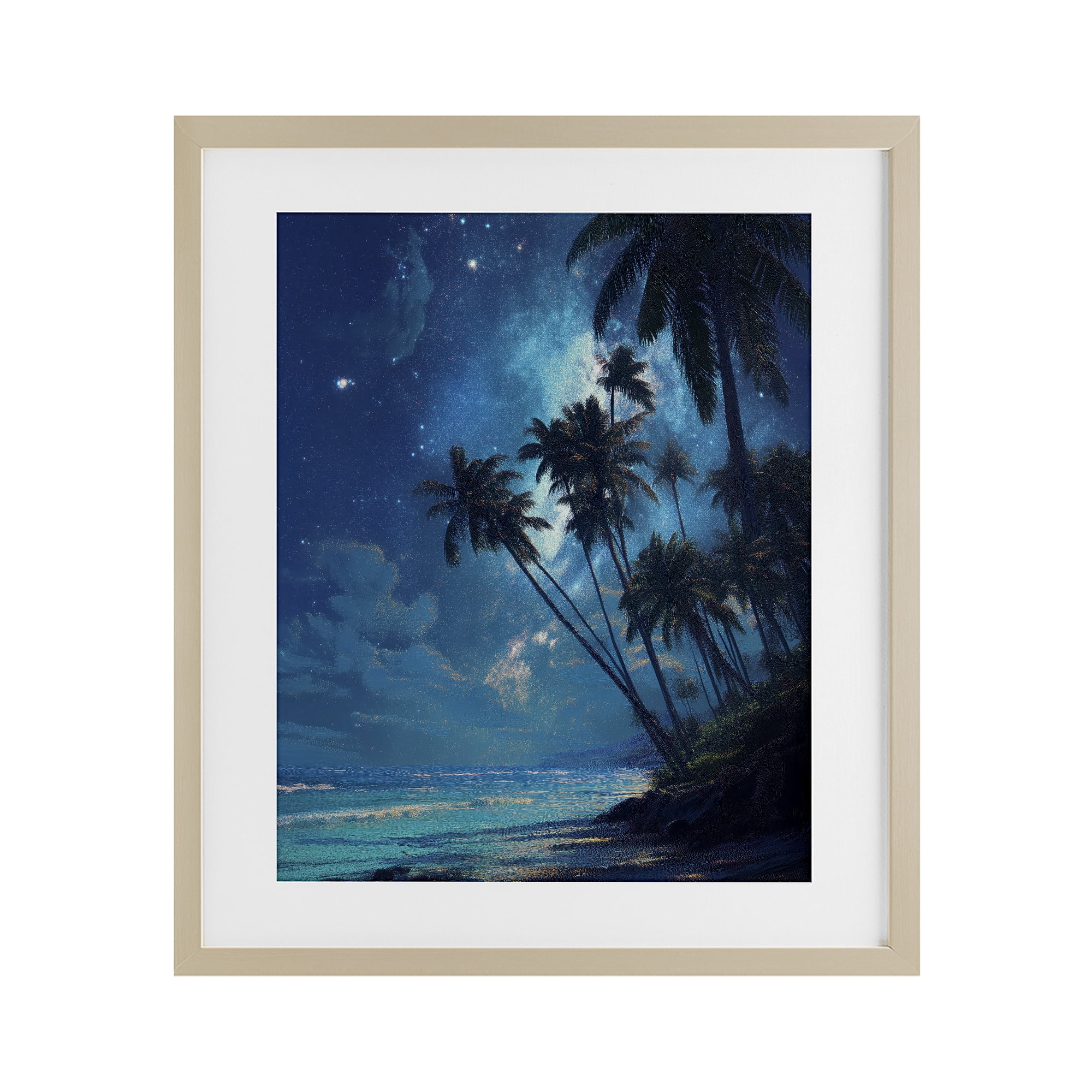 Moonlit Beach Palm Trees Birch Framed Print Under Glass, design by Ziwei Li