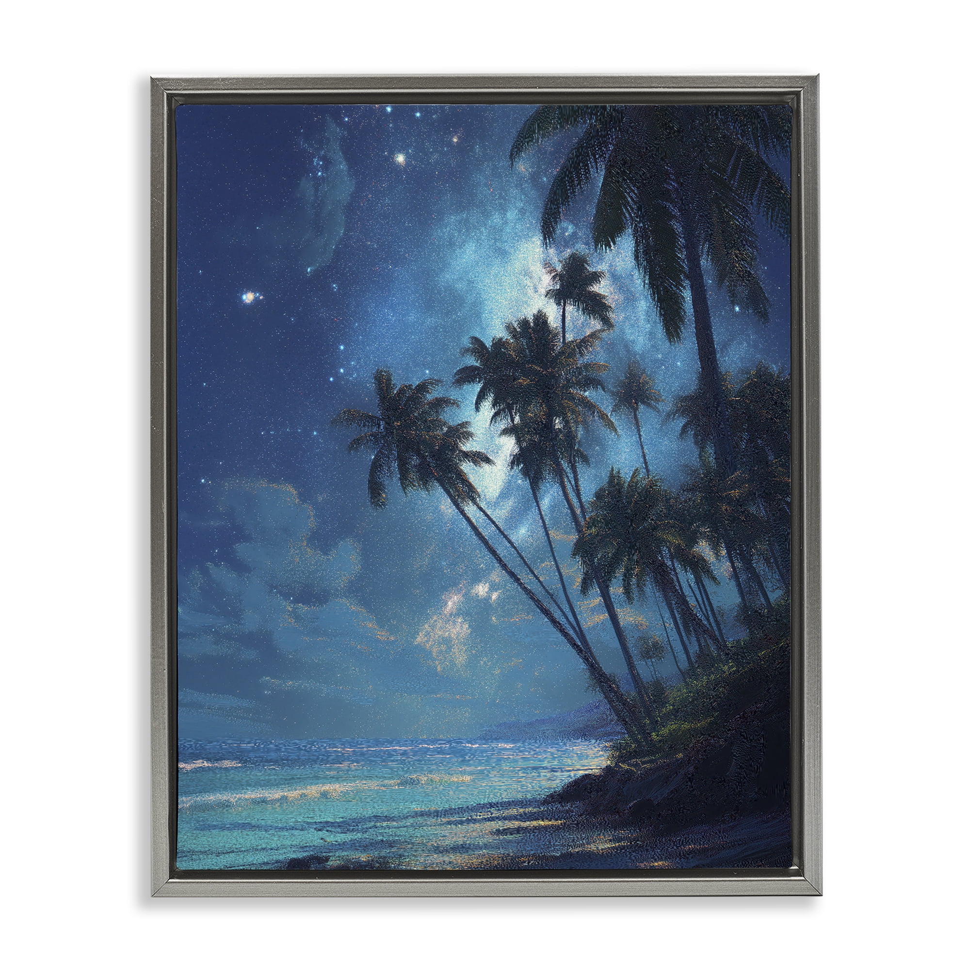 Moonlit Beach Palm Trees Gray Framed Floater Canvas Wall Art, design by Ziwei Li