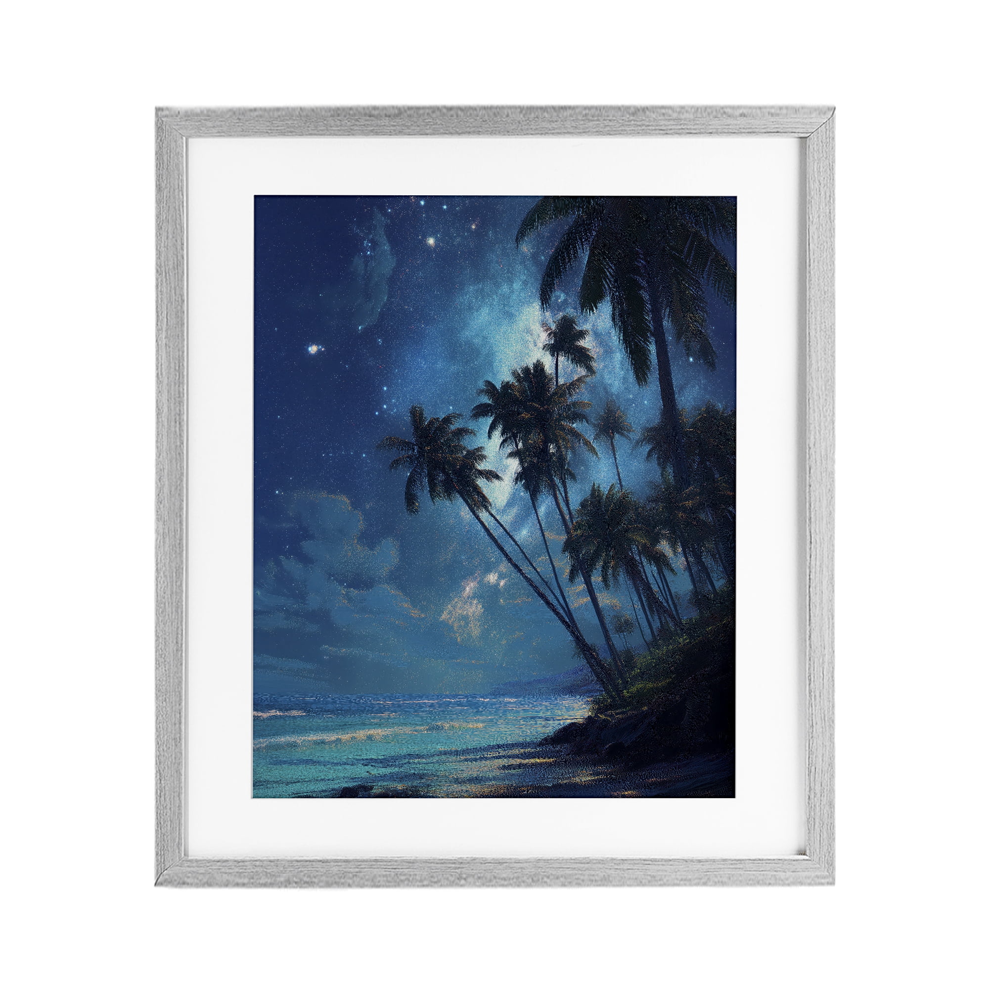 Moonlit Beach Palm Trees Gray Framed Print Under Glass, design by Ziwei Li