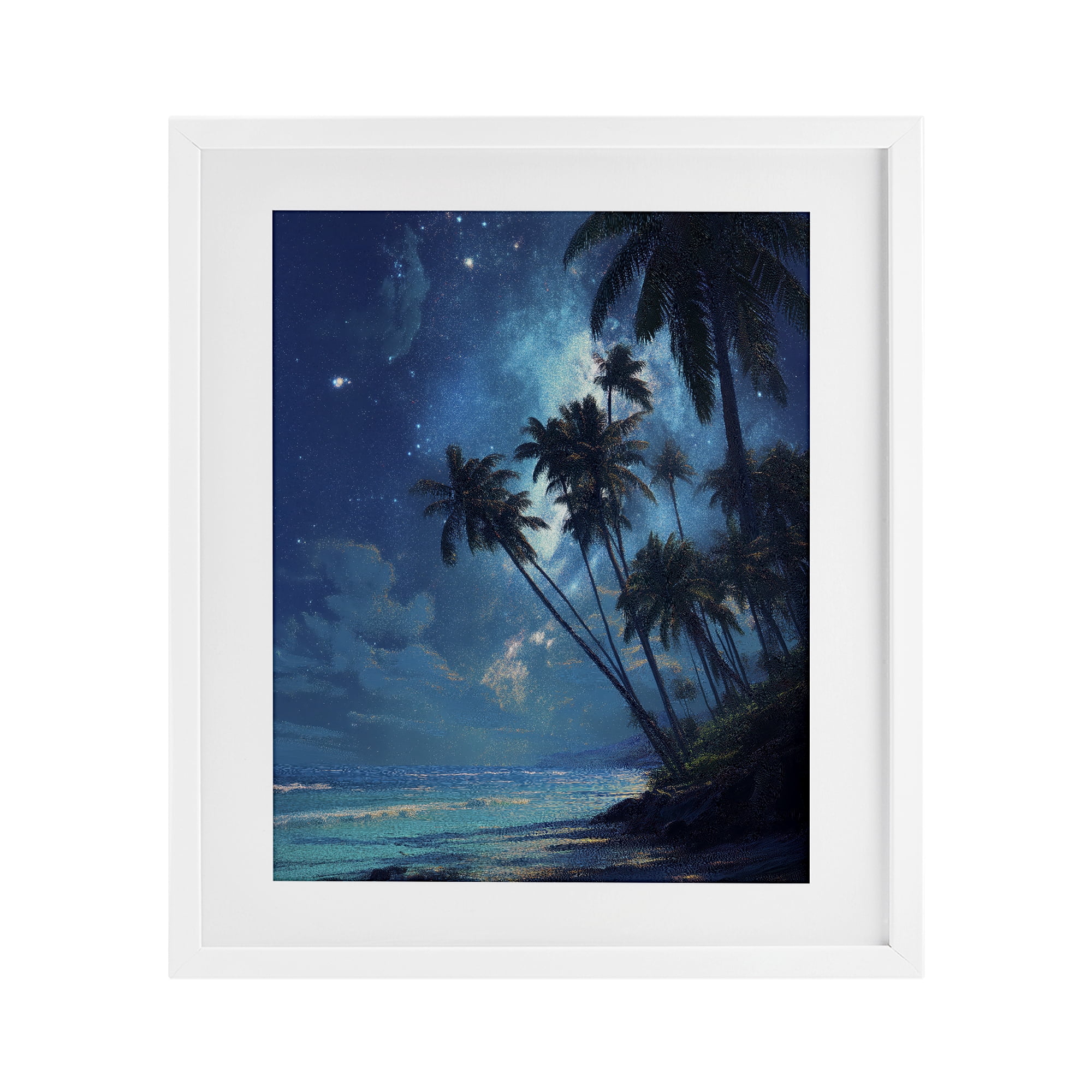 Moonlit Beach Palm Trees White Framed Print Under Glass, design by Ziwei Li