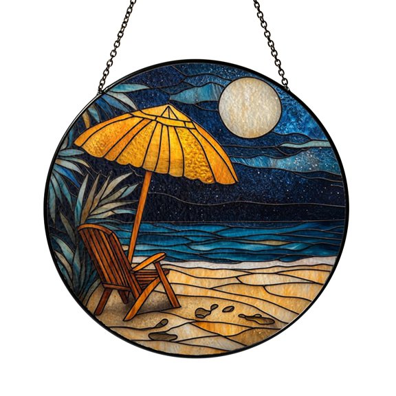 Moonlit Beach Stained Glass Style Suncatcher Window Hanging Decor, Round Ocean and Umbrella at Night Glass Window Panel Art, Decorative Beach Scene Window Ornament for Living Room