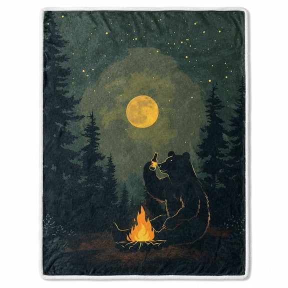 Moonlit Bear Campfire Sherpa Blanket, Soft Polyester Fleece Throw