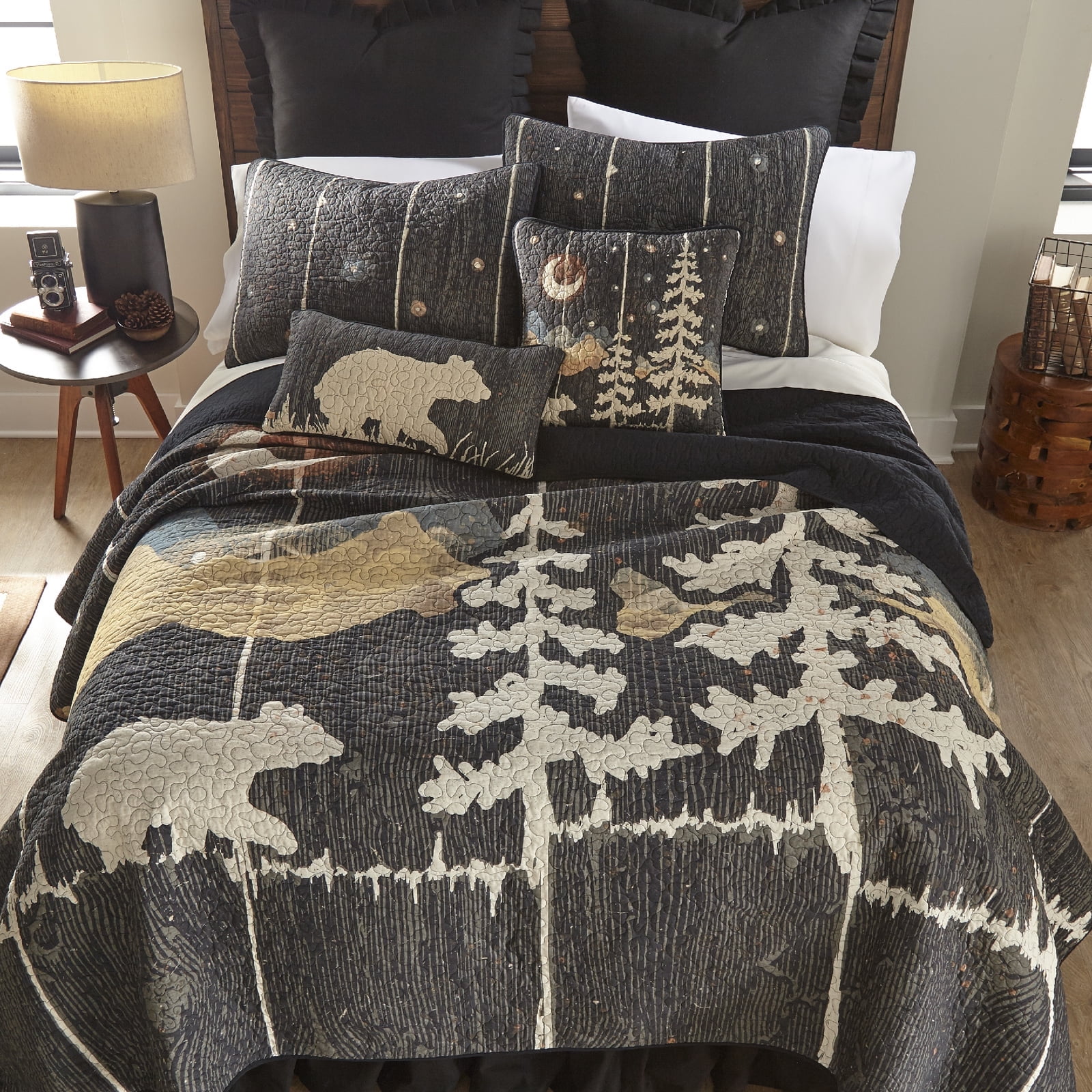 Gray Cotton Reversible Full Quilt Set with Bear Design