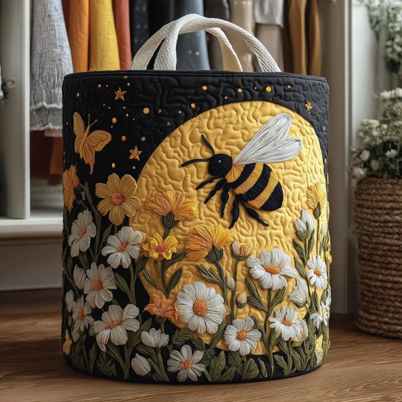 Moonlit Bee Quilted Laundry Basket, with Handles, Foldable Clothes Hamper for Bedroom Storage