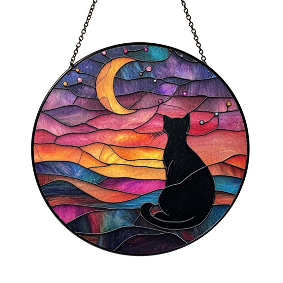 Moonlit Black Cat Stained Glass Window Suncatcher, Celestial Stars Night Sky Art Hanging Decor for Mystical Home