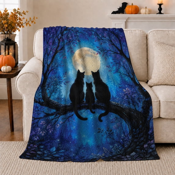 Moonlit Black Cats Silhouette Halloween, Peaceful Pet Portrait Pattern, Warm Flannel Blanket for Living Room and Reading Nook, Cat Lovers Halloween Gift, Pet Lover Home Decor