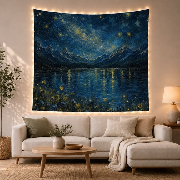 Moonlit Blossom Tree with Painted Night Vista, Dreamy Illustration for Nature Lovers, Aesthetic Wall Decor, Mother'S Day Gift, Tapestry Wall Hanging for Dorm and Living Room