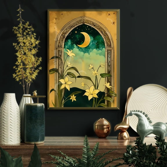 Moonlit Botanical Arch Wall Art - Moody Celestial Flower Print - Whimsigothic Night Sky Decor - Vintage Floral Crescent Moon Art Wall Art, Modern Wall Decor, 16x24 UNFRAMED