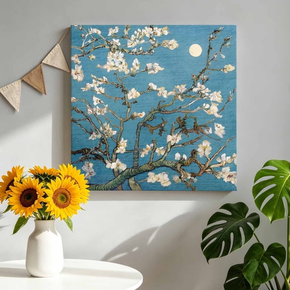 Moonlit Branches Canvas Wall Art, Rustic Classic White Floral Moon Impressionist Framed Canvas Wall Decor Picture Print Artwork Decorations for Living Room Office Ready to Hang 8" x 8"