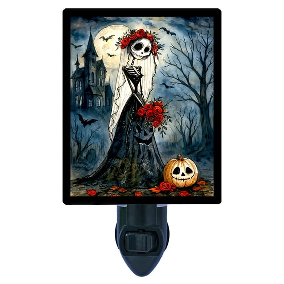 Moonlit Bride Night Light Insert Gothic Skeleton Bride with Roses and Haunted Castle Spooky Halloween Dcor Free Switchable Insert