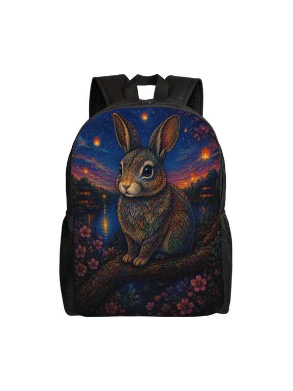 Moonlit Bunny Rabbit Backpack Full Front Print Travel Laptop Bag for Men and Women