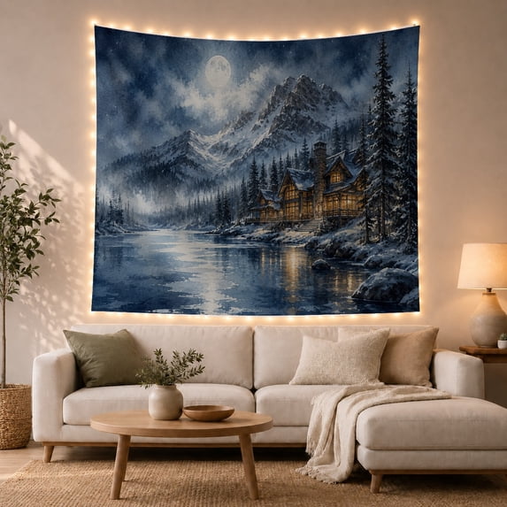 Moonlit Cabin Beside a Snowy Lake, Cozy Illustration for Nature Lovers, Winter Landscape Decor, Housewarming Gift, Tapestry Wall Hanging for Bedroom and Living Room