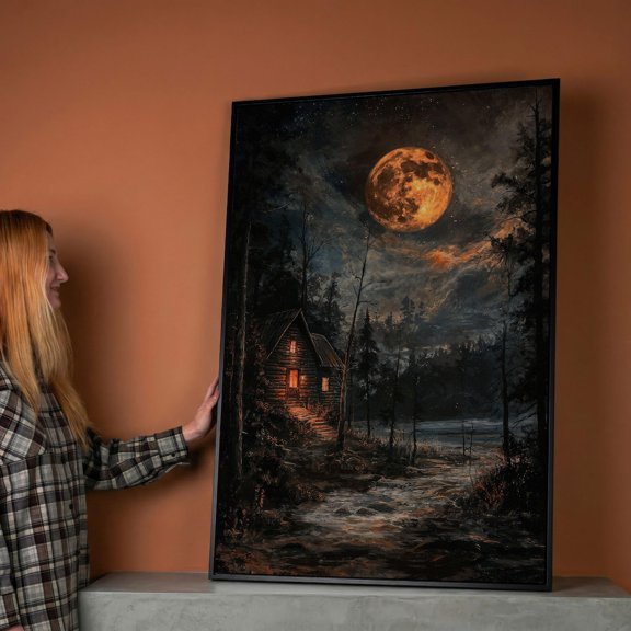 Moonlit Cabin Starry Skies Rustic Hut Towering Pines Farmhouse Country Home Decor Wall Decor Unframed Paper Print