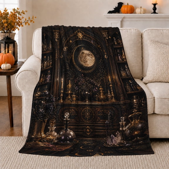 Moonlit Cabinet with Bottles and Crystals, Mystical Gothic Style for Celestial Art Lovers, Lunar Shelf Motif Housewarming Gift, Cozy Flannel Blanket for Study Room and Bedroom, Dark Home Decor