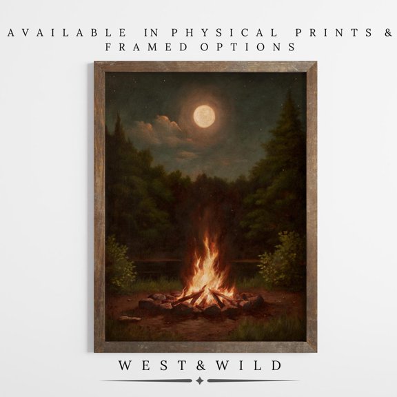Moonlit Campfire Camp Fire At Night Wall Arts Nature Lover Artwork Rustic Home Decor Gift For Camper, Unframed Paper Print