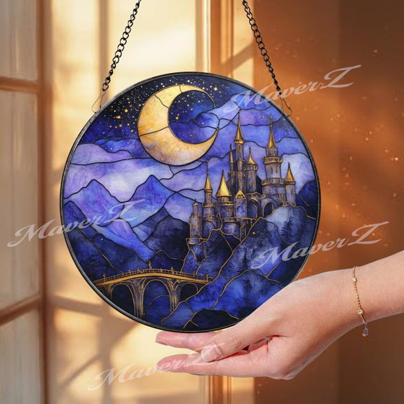 Moonlit Castle Glass Suncatcher, Fantasy Night Sky, Mystical Fairytale, 6.3 in