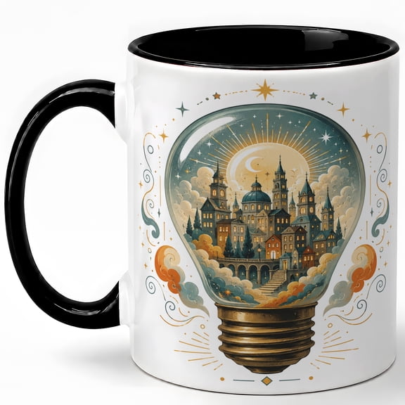 Moonlit Castle Light Bulb Coffee Mug, Magical City Fantasy Illustration Design, 11 oz Ceramic Cup