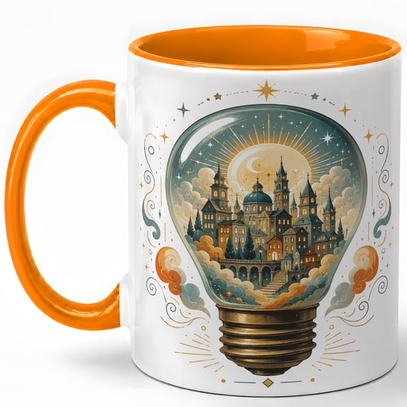 Moonlit Castle Light Bulb Coffee Mug, Magical City Fantasy Illustration Design, 11 oz Ceramic Cup