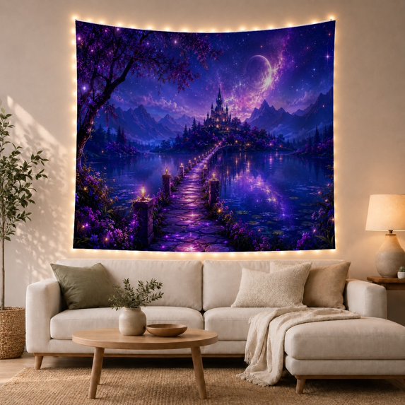 Moonlit Castle Path Scene with Lanterns and Cosmic Sky, Serene Digital Art for Castle Lovers, Wall Decor, Housewarming Gift, Tapestry Wall Hanging for Bedroom and Dorm