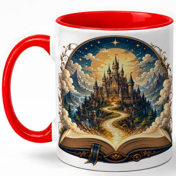 Moonlit Castle Storybook Coffee Mug, Magical Fantasy Castle Open Book Design, 11 oz Ceramic Cup