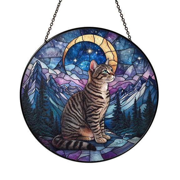 Moonlit Cat Glass Suncatcher for Window Decor, Night Sky Light Catcher Hanging Art, Celestial Tabby Accent, Magical Home Ornament Gift