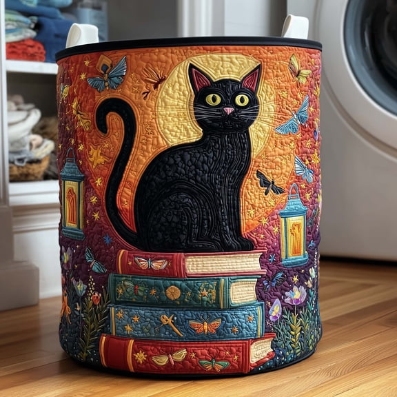Moonlit Cat Quilted Laundry Basket, with Handles, Foldable Clothes Hamper for Bedroom Storage