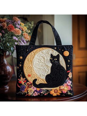 Moonlit Cat Quilted Tote Bag, Women Quilted Tote Bag, Handmade Patchwork Tote, Women Shoulder Bag, Gift For Her