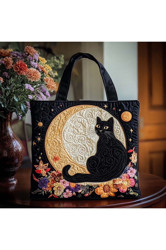 Moonlit Cat Quilted Tote Bag, Women Quilted Tote Bag, Handmade Patchwork Tote, Women Shoulder Bag, Gift For Her