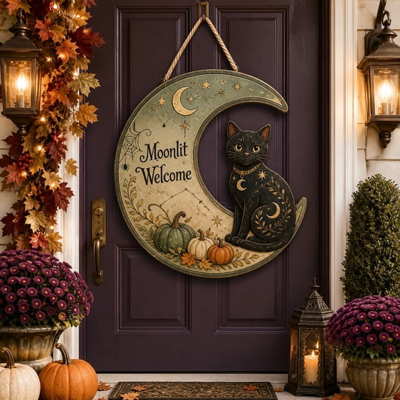 Moonlit Cat Welcome Wooden Door Sign for Halloween Entryway Decor