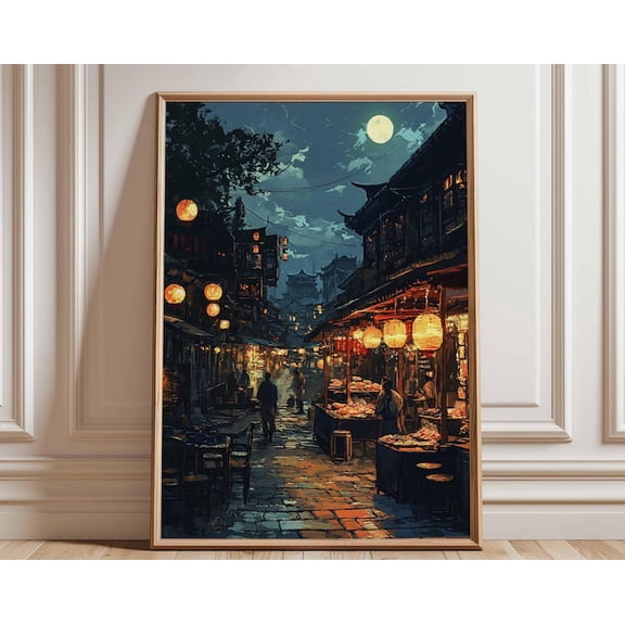 Moonlit Chinese Market Lantern Street Night Market Wall Art Print, Unframed Paper Poster 8x10in